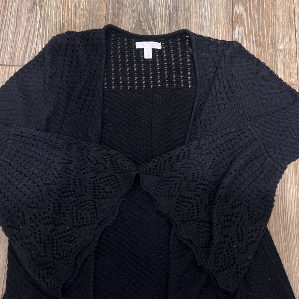 LC Lauren Conrad Cardigan Sweater Womens Size S Black Open Knit Crochet Duster - Picture 2 of 7
